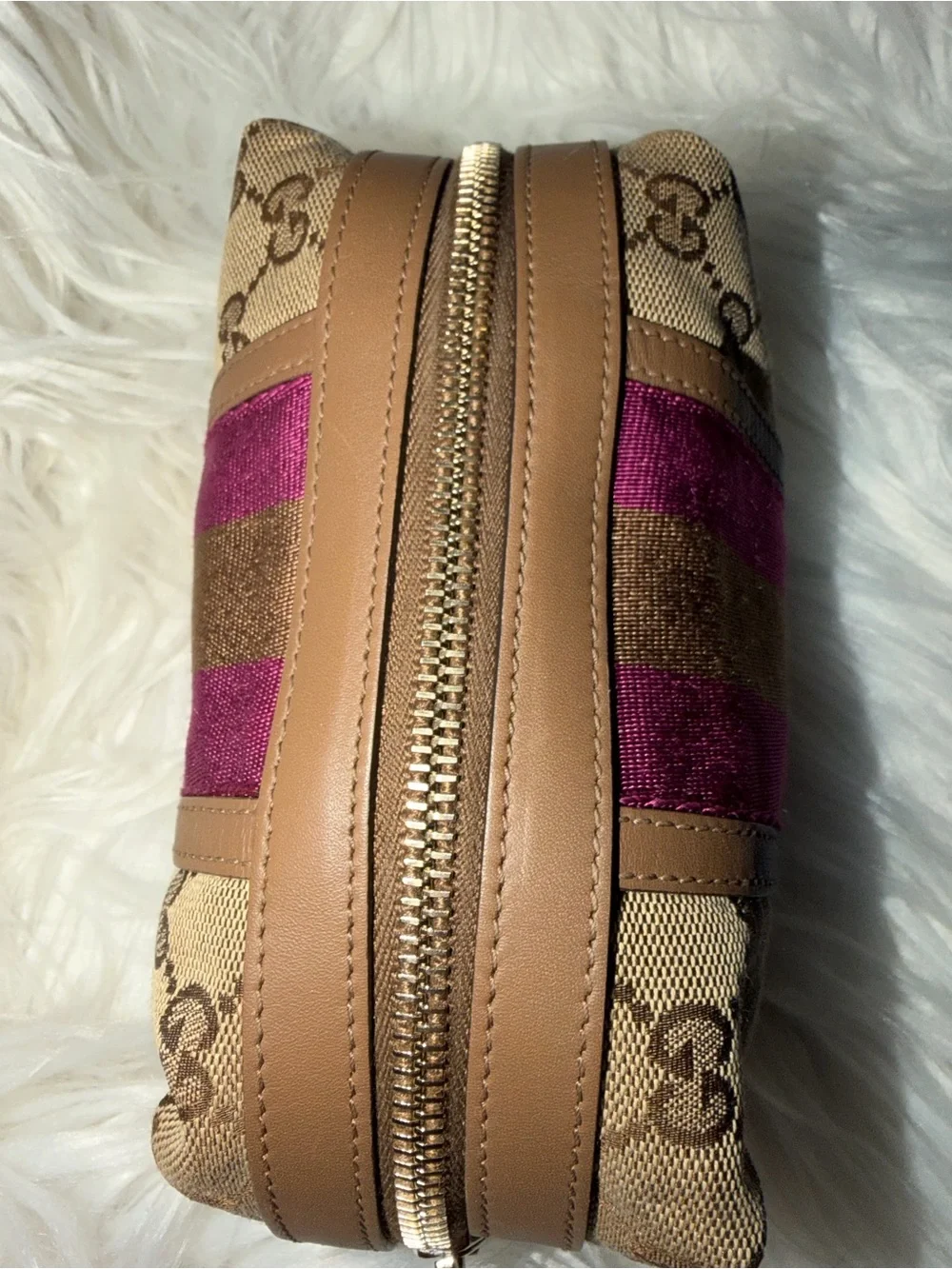 Gucci Beige GG Canvas Cosmetic Pouch with Pink and Brown Center Stripe